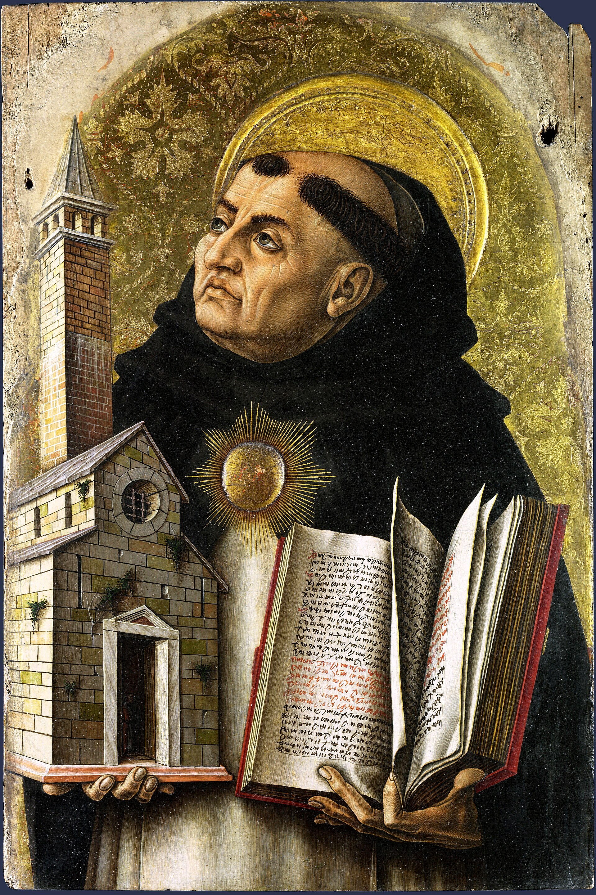 A Renaissance panel painting of a friar in a black and white Dominican habit holding an open book and a small model of a church, with a gold background