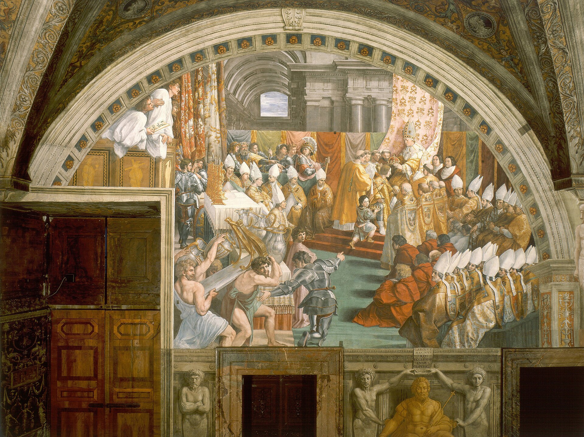 A large Renaissance fresco of a crowded church interior in which a seated pope places a crown on a kneeling armored ruler while bishops and soldiers look on