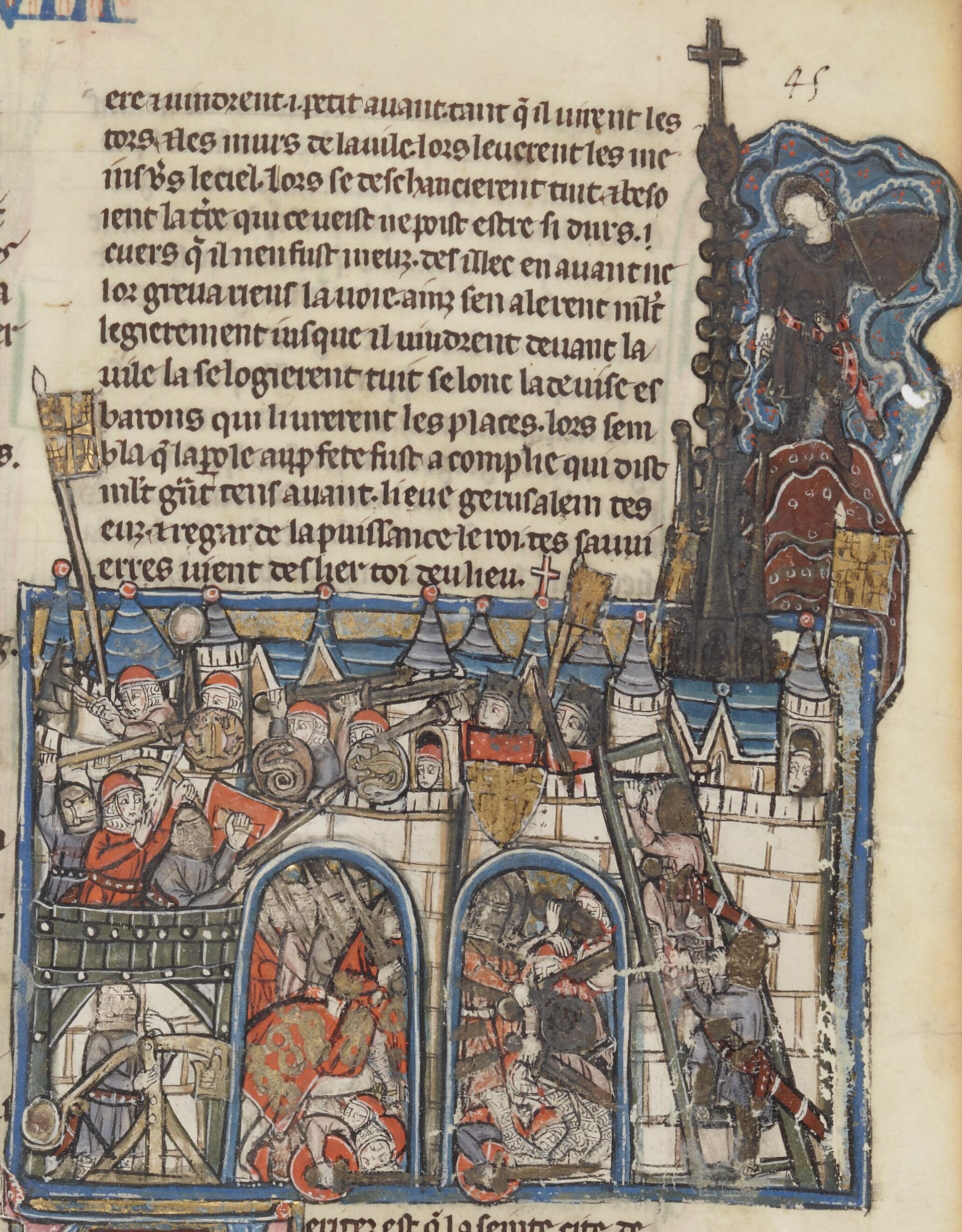 A painted medieval manuscript scene of armored knights with siege ladders and a wooden tower attacking a walled city with towers, defenders on the walls