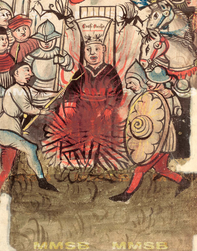 A painted manuscript scene of a man in a tall paper hat bound to a stake amid flames while armed men stand around him