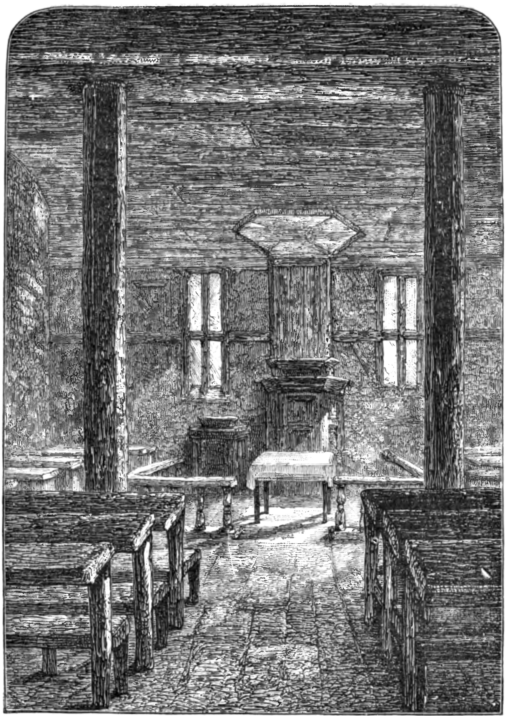 A print of a plain church interior with a raised pulpit, wooden benches and tall windows