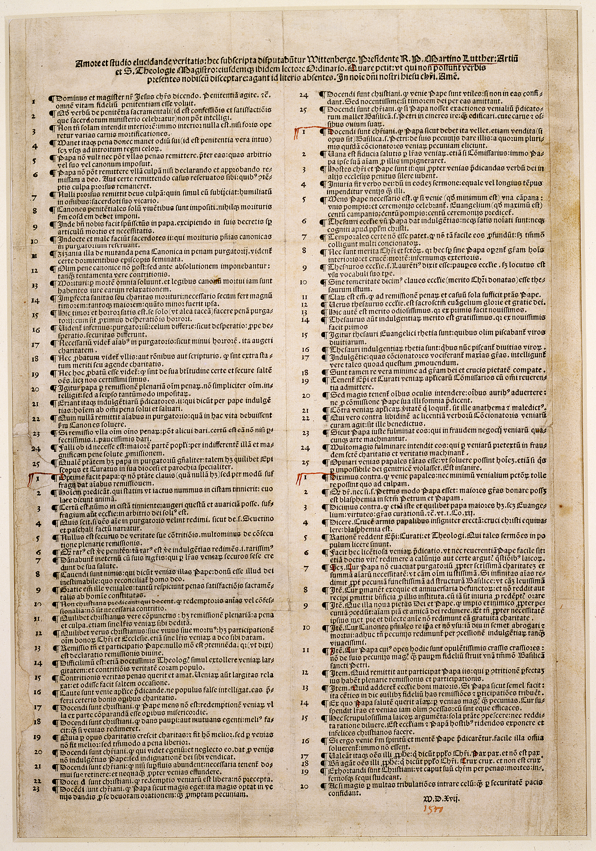 A printed sheet of Latin text in two dense columns of numbered paragraphs under a short heading, the paper browned with age