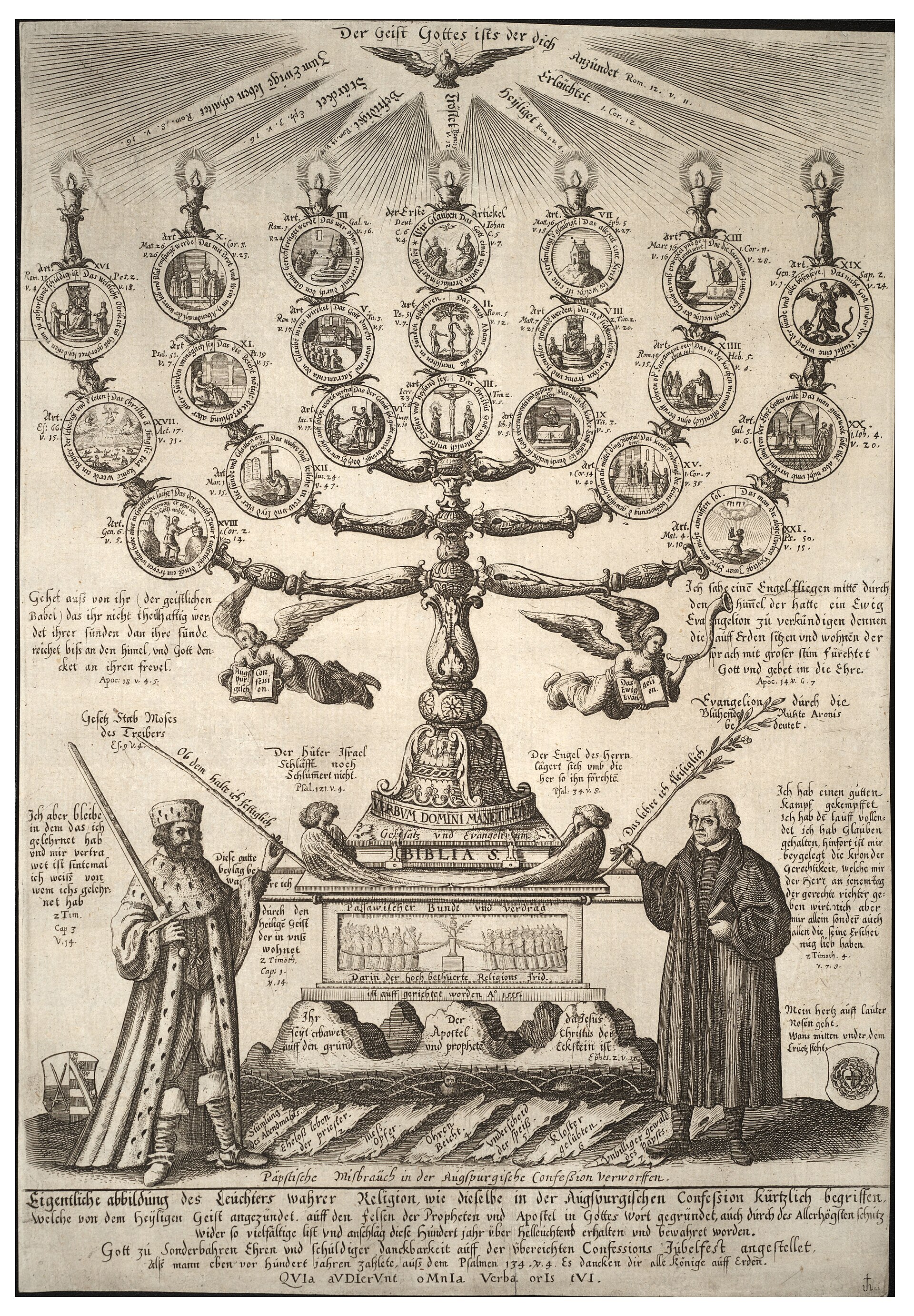 An engraving of a crowded hall in which an enthroned emperor under a canopy receives a document from kneeling and standing men, with an inscription panel and rows of spectators