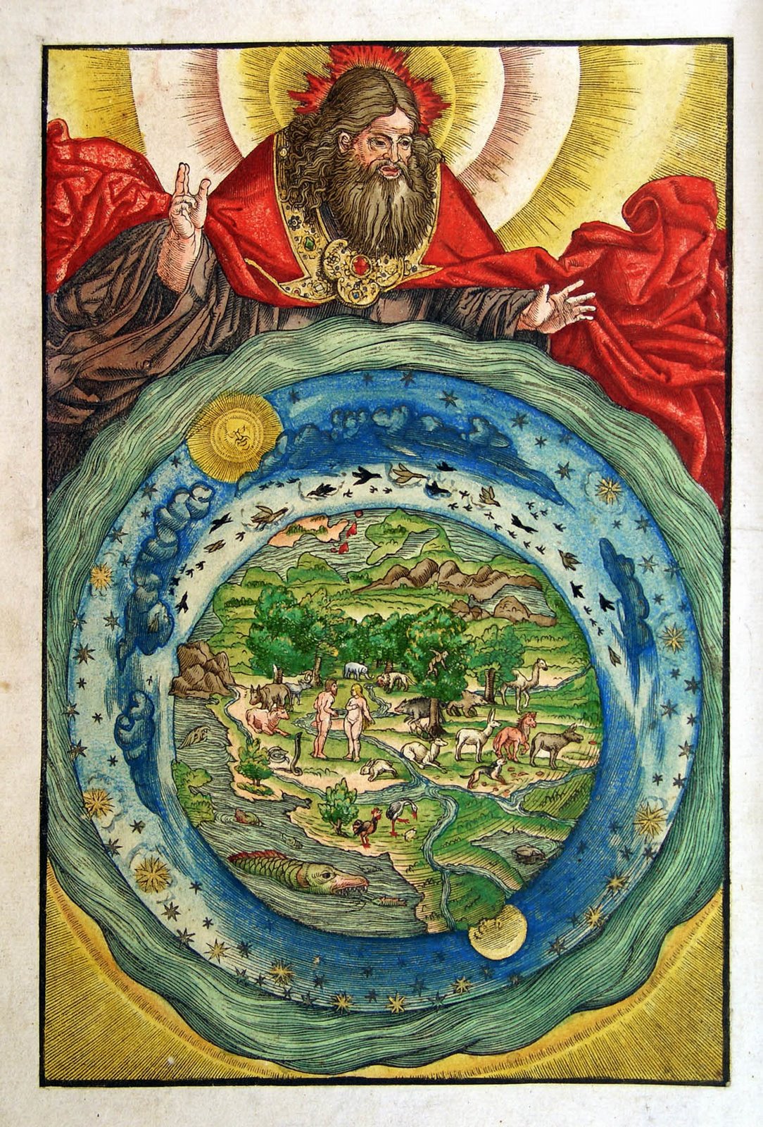 A hand-colored woodcut of the creation: God the Father in a circle of clouds above a round world with sun, moon and stars, a garden with animals, and Adam and Eve beneath a tree