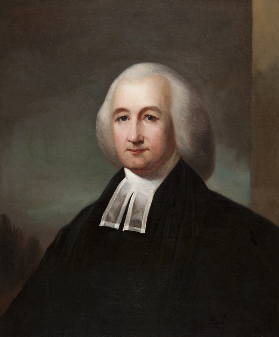 Painted half-length portrait of an older man with white hair in dark clerical clothes