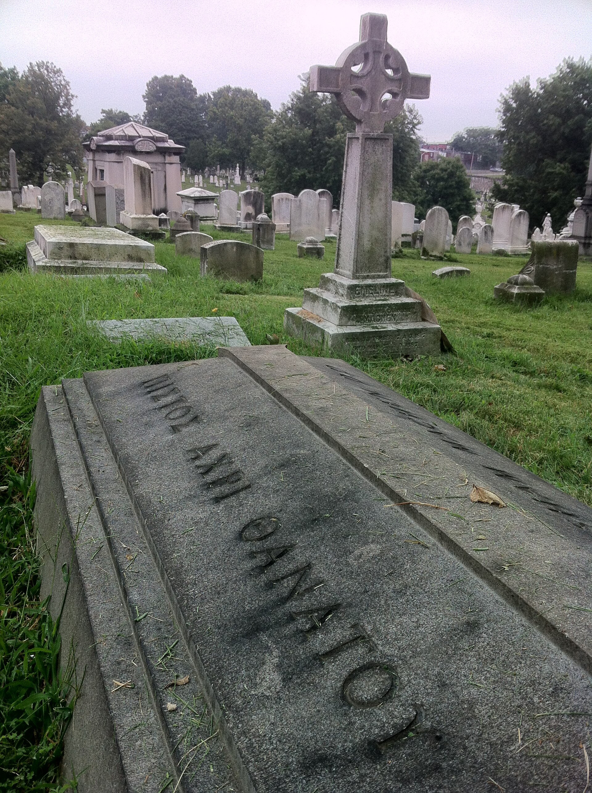 Upright gray granite gravestone in a cemetery lawn, carved with a name, dates and a line of Greek letters, with trees behind