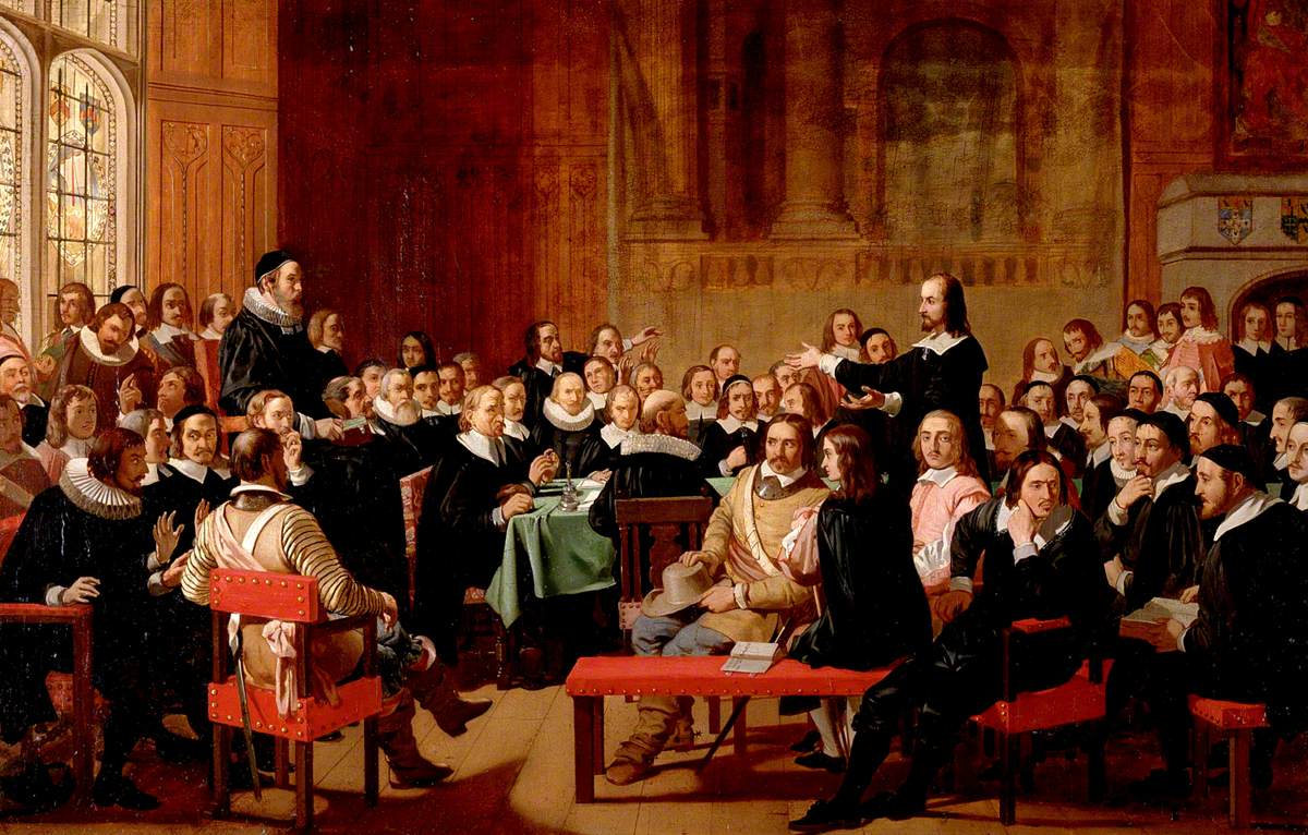 Large painting of a crowded assembly of men in black seventeenth century clothing in a stone hall, one man standing and speaking with a raised arm while others sit and listen