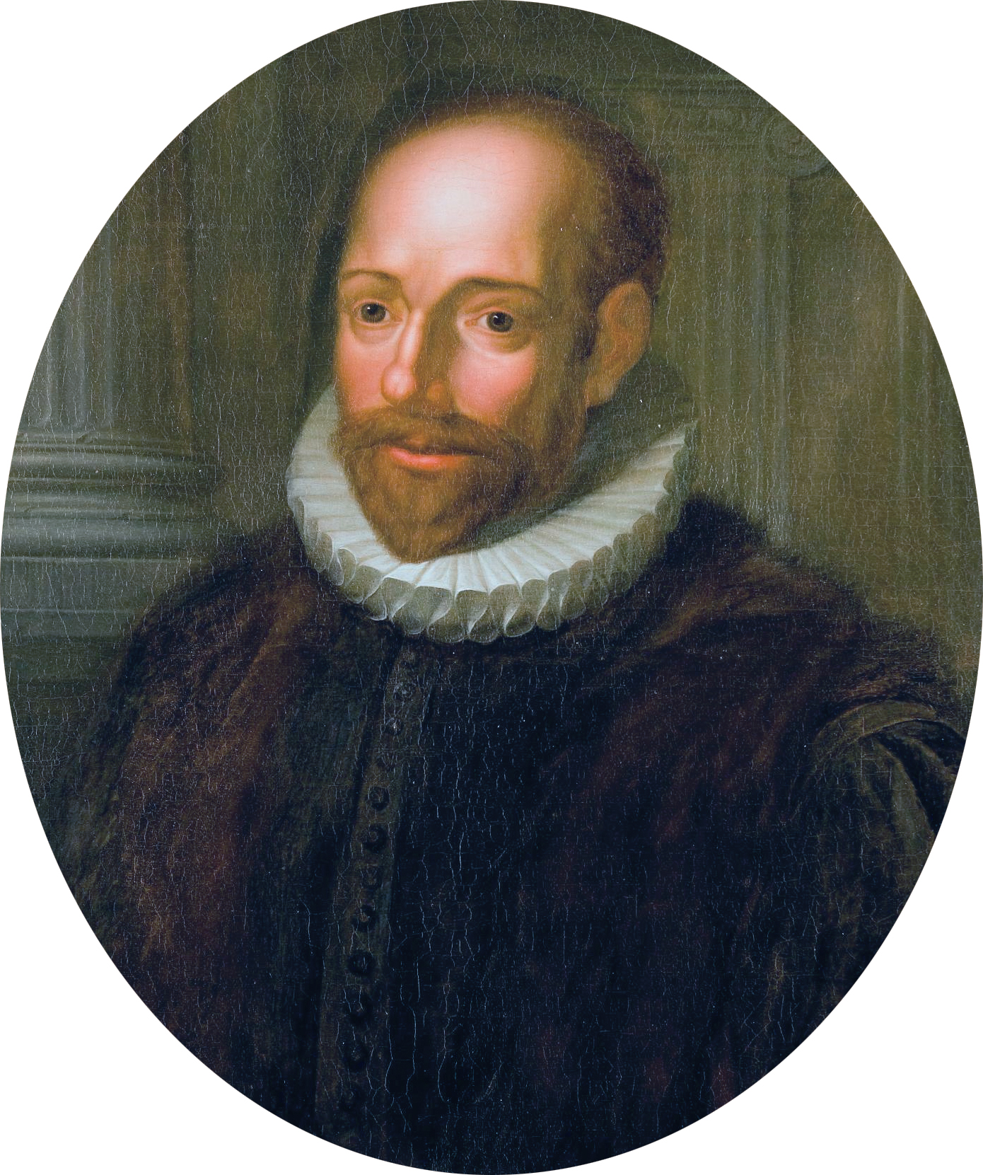Oil portrait of a bearded man in a black cap and dark clothing with a white ruff collar, half length, against a dark background