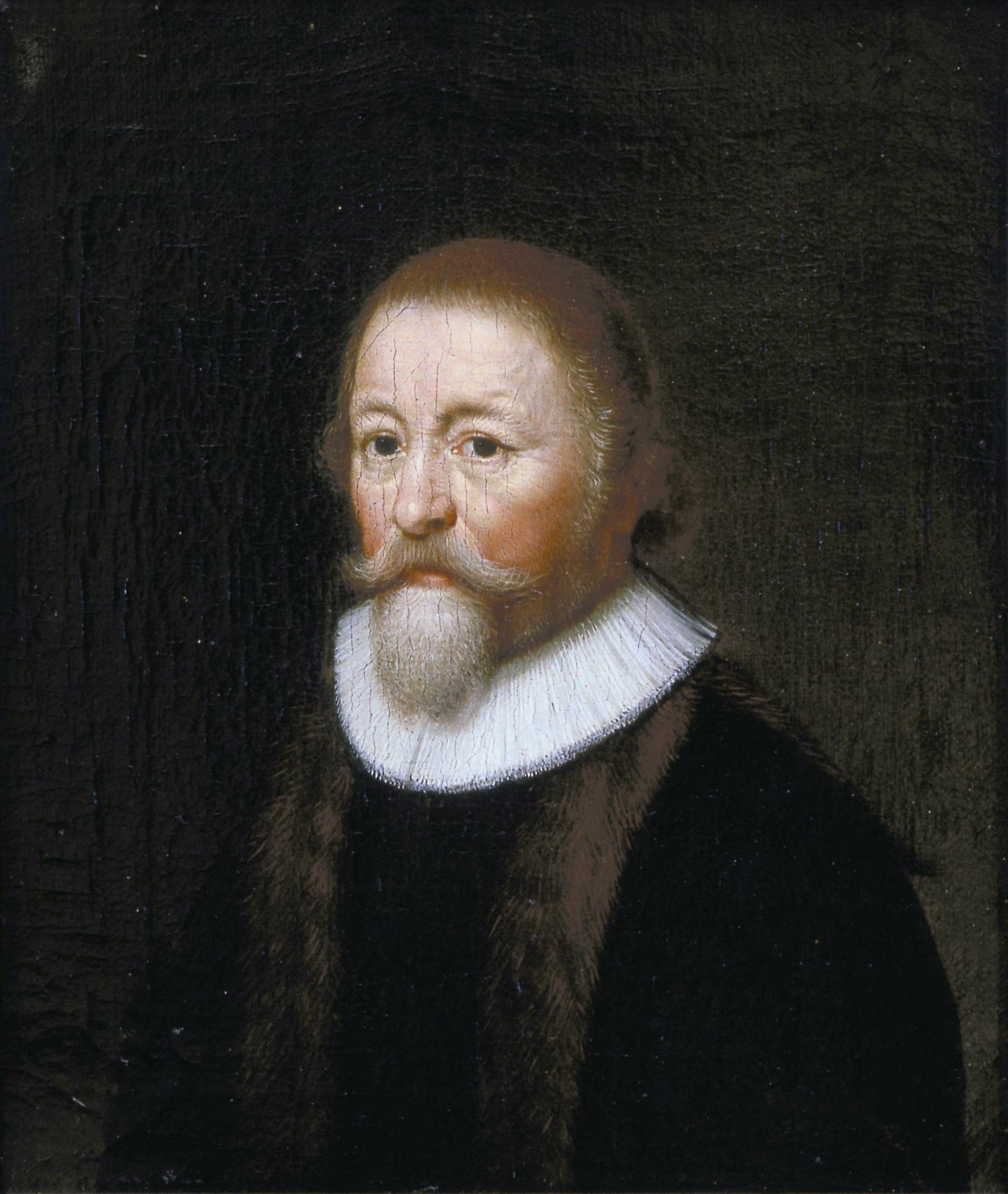 Oil portrait of a middle aged man with a short beard and moustache, wearing a black cap and black clothing with a broad white collar