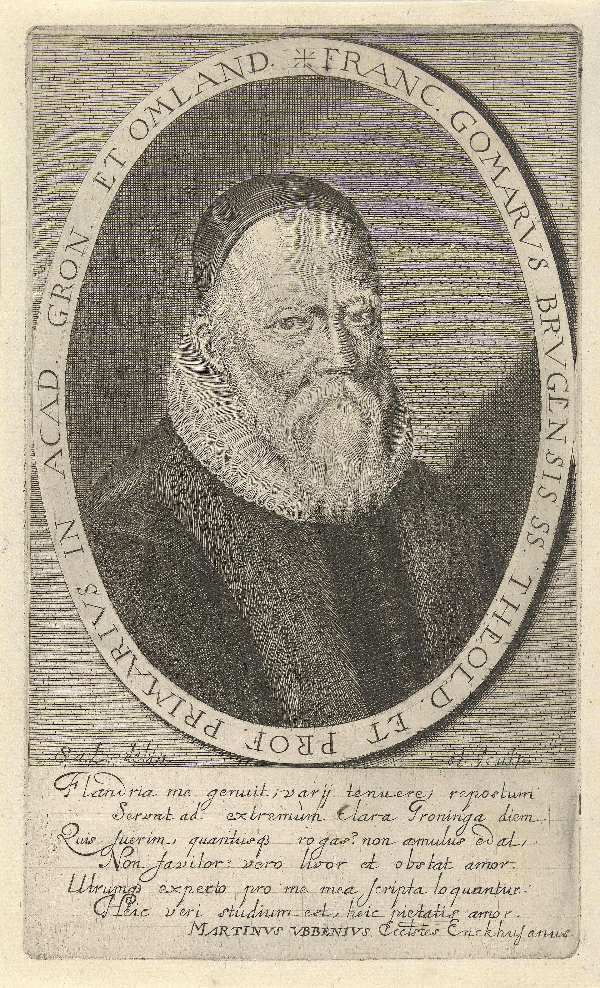 Engraved portrait print of an elderly man with a long white beard and skullcap inside an oval frame with a Latin inscription around the edge