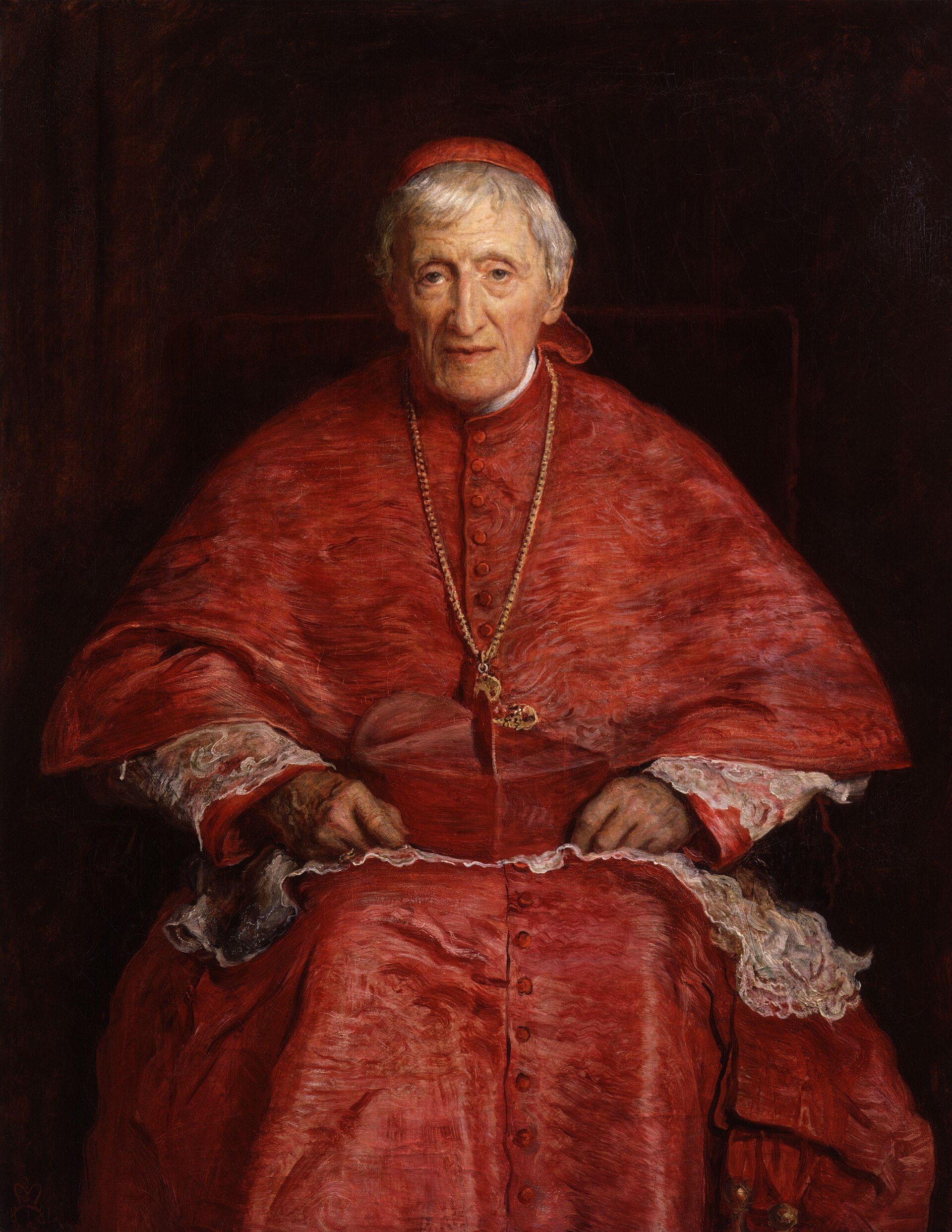 Oil portrait of an elderly man with white hair, seated, wearing the red robes and red skullcap of a cardinal, his hands folded