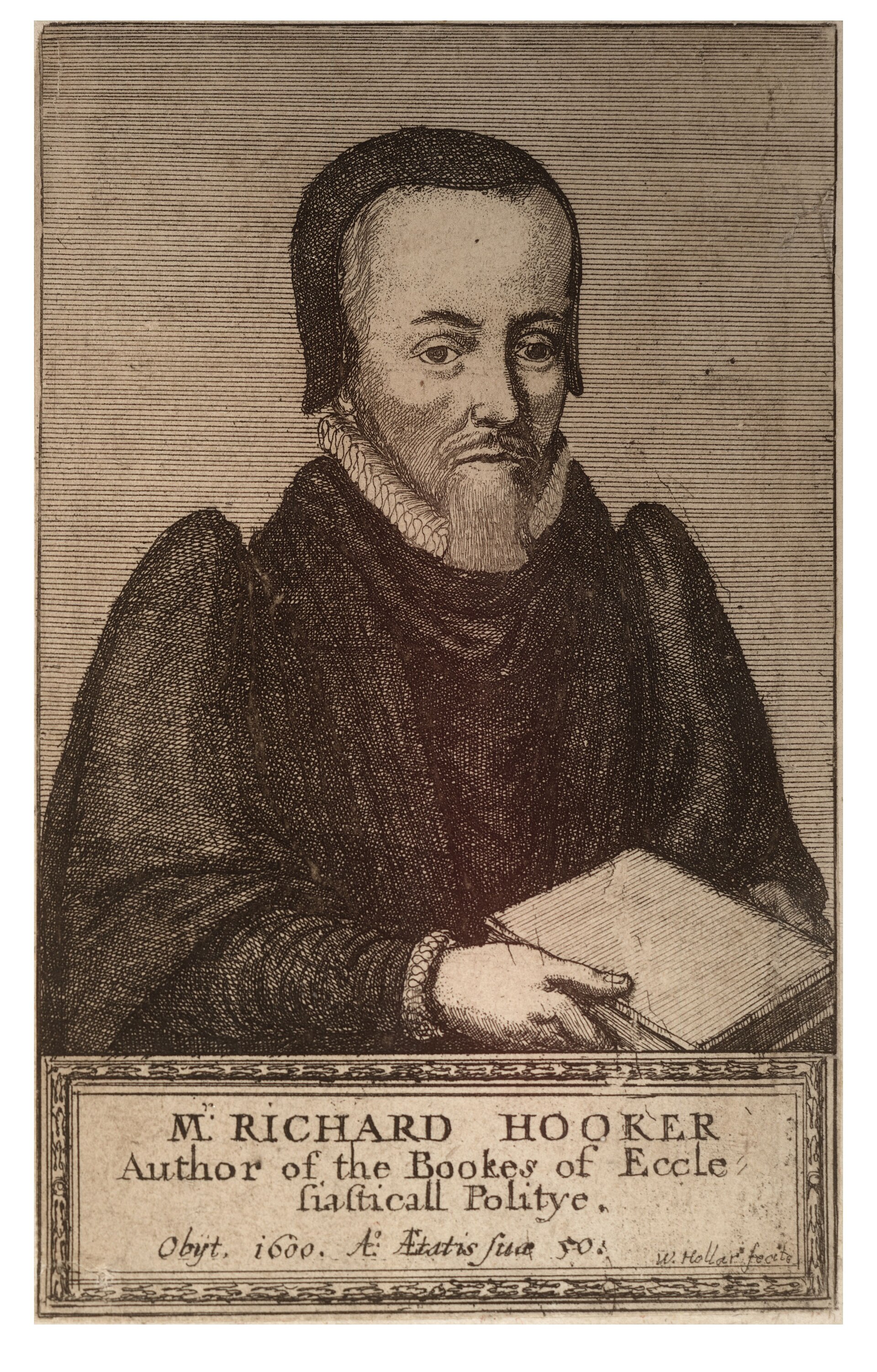 Engraved half-length portrait of a man in clerical gown and skullcap, with a short beard, inside an oval frame with a Latin inscription