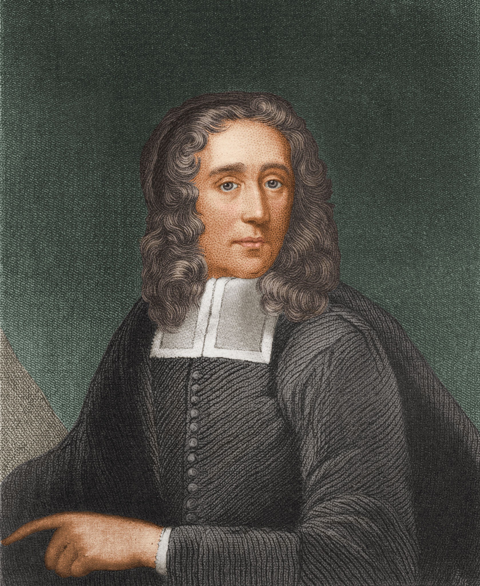 Portrait of a man with shoulder-length hair and a white clerical collar with two bands, in a dark gown, set in an oval frame