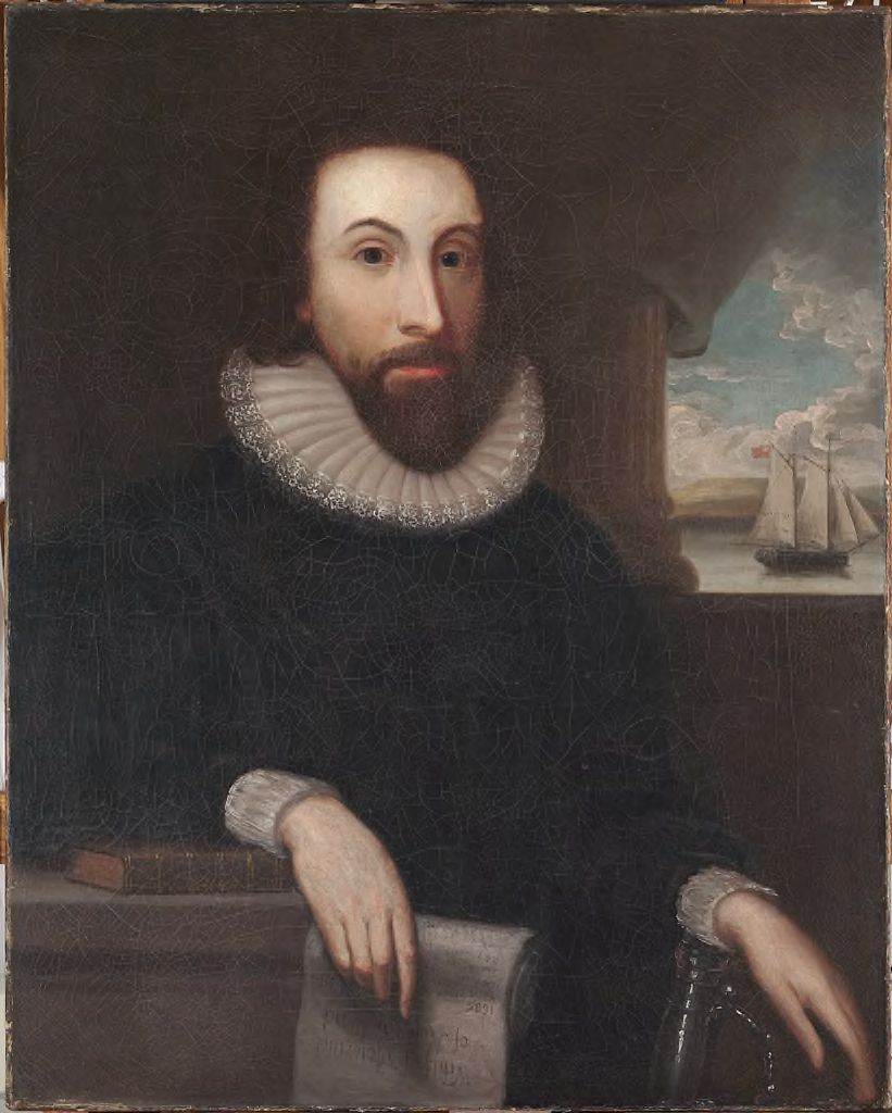 Oil portrait of a man with a pointed grey beard and a large white ruff collar, wearing black, looking toward the viewer