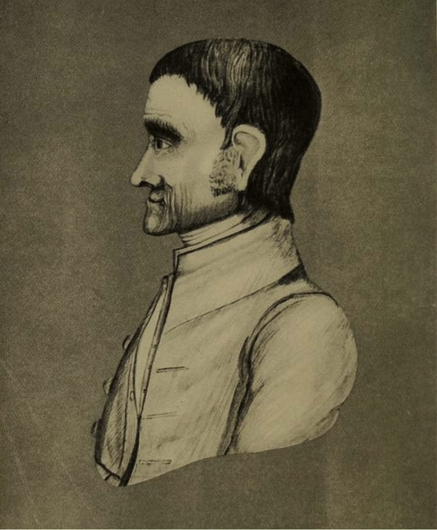 Sepia drawing of a man in profile wearing a plain broad-brimmed hat and a simple coat