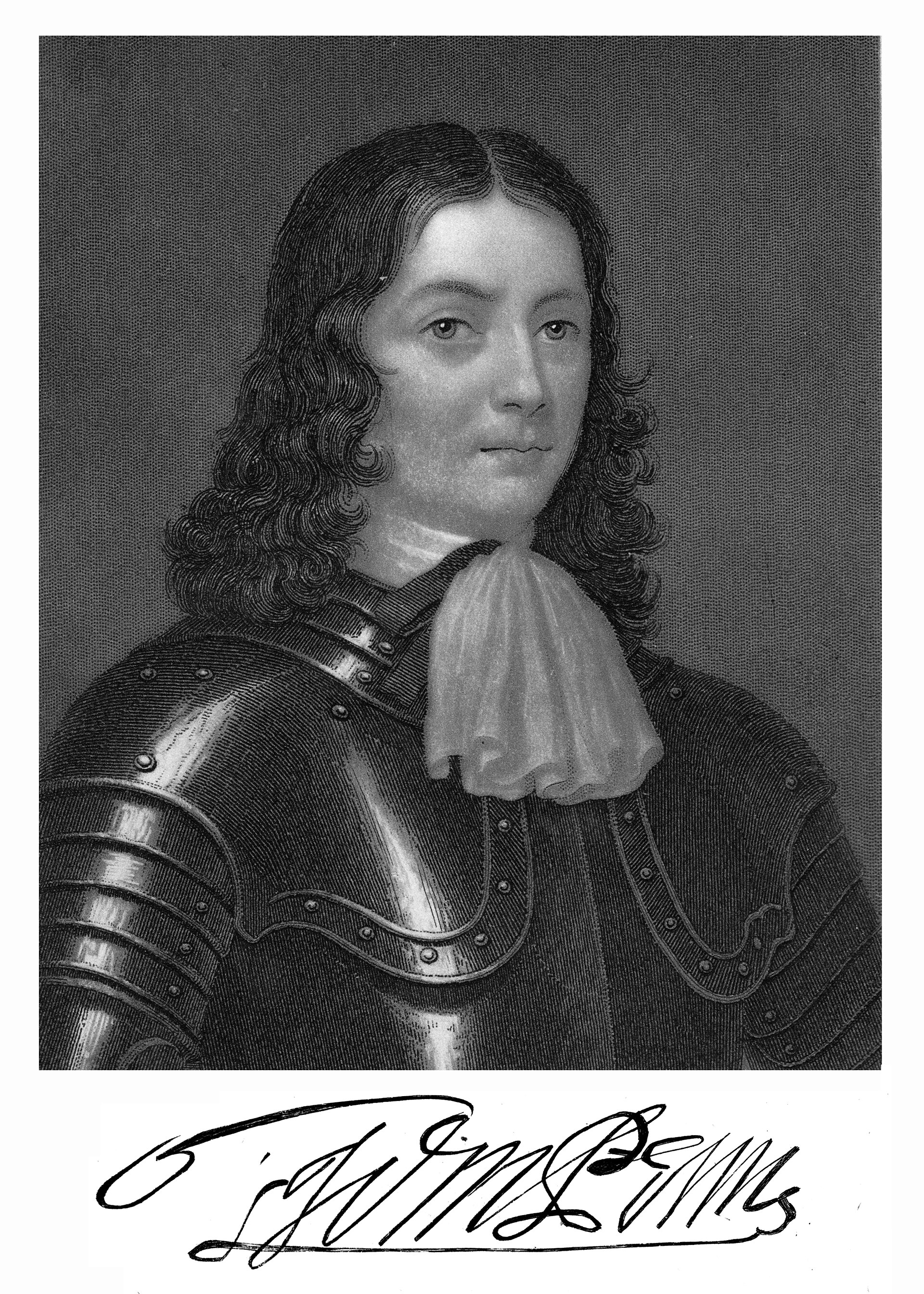 Steel engraving of a young man with long hair in a breastplate of armor and a lace collar, shown from the chest up in an oval frame, with a signature below