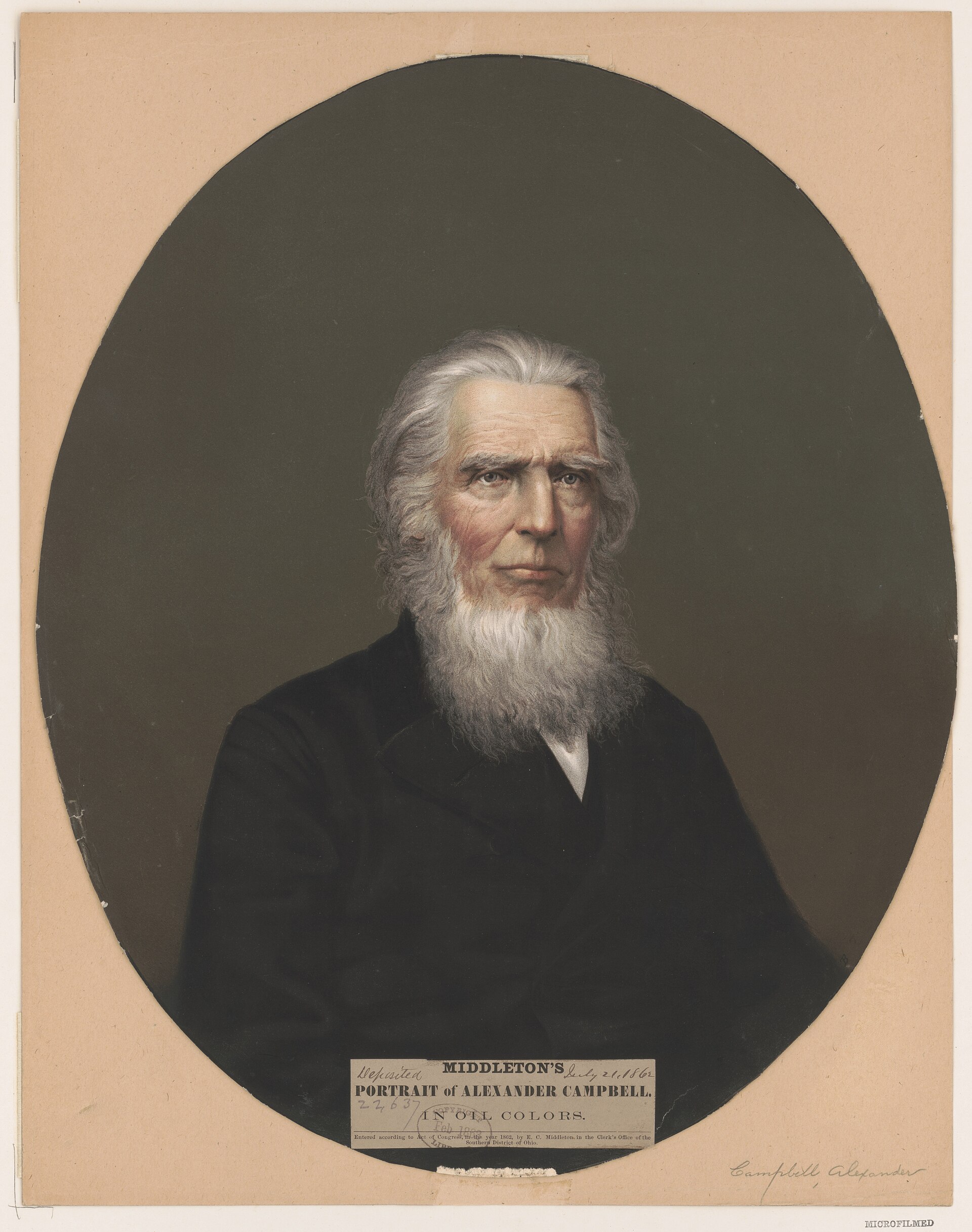 Engraved head-and-shoulders portrait of an elderly man with white hair swept back, a high collar and a dark coat