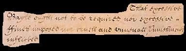 Handwritten line from the English Bill of Rights of 1689 about cruel and unusual punishments