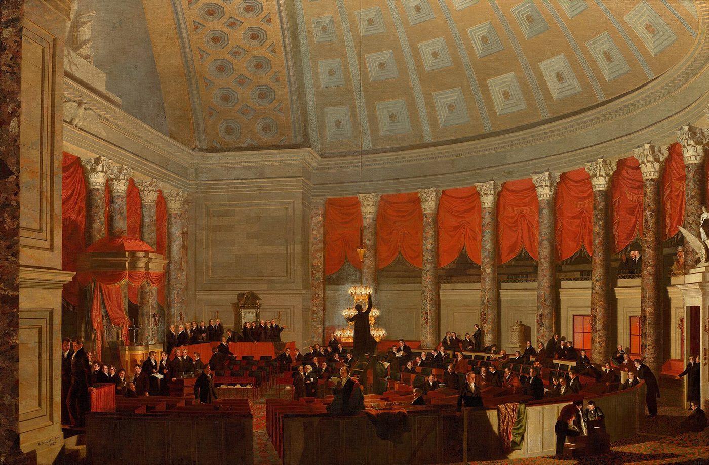 Painting of the House of Representatives chamber at night, with members gathering under a large chandelier being lit