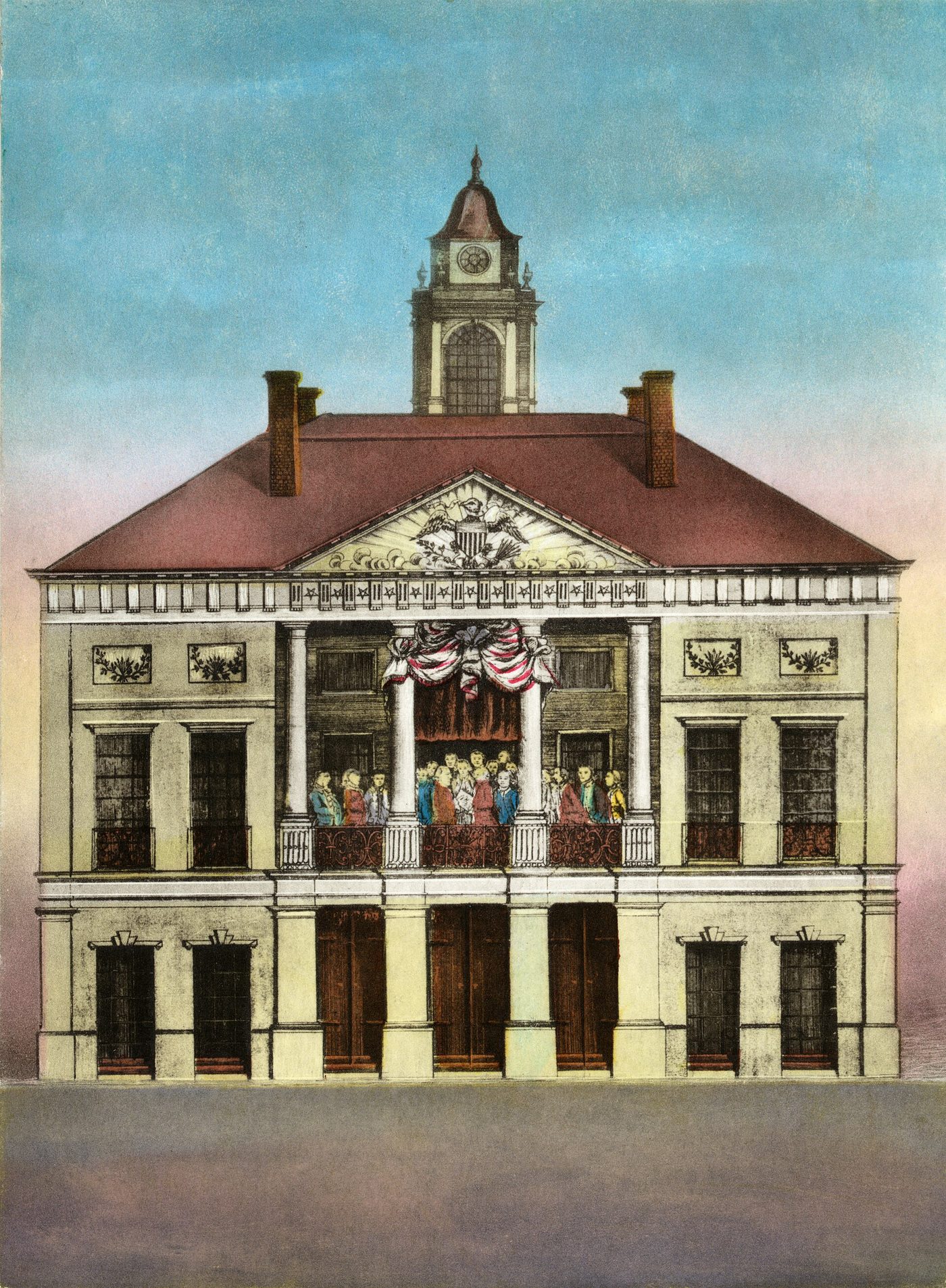 Hand-colored engraving of Federal Hall on Wall Street with a crowd in the street and figures on the second-floor balcony
