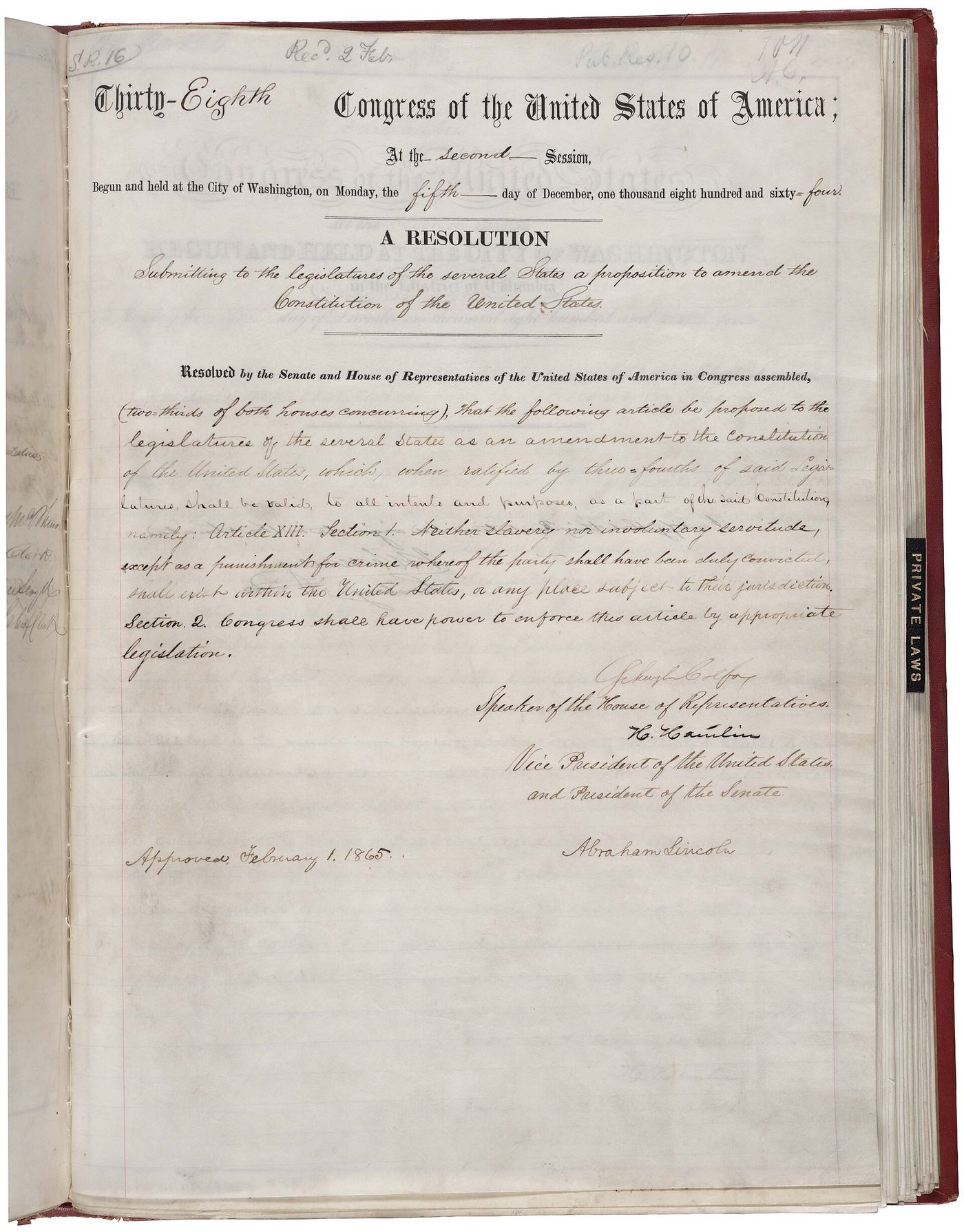 Handwritten joint resolution of Congress on a single large sheet, with signatures at the bottom