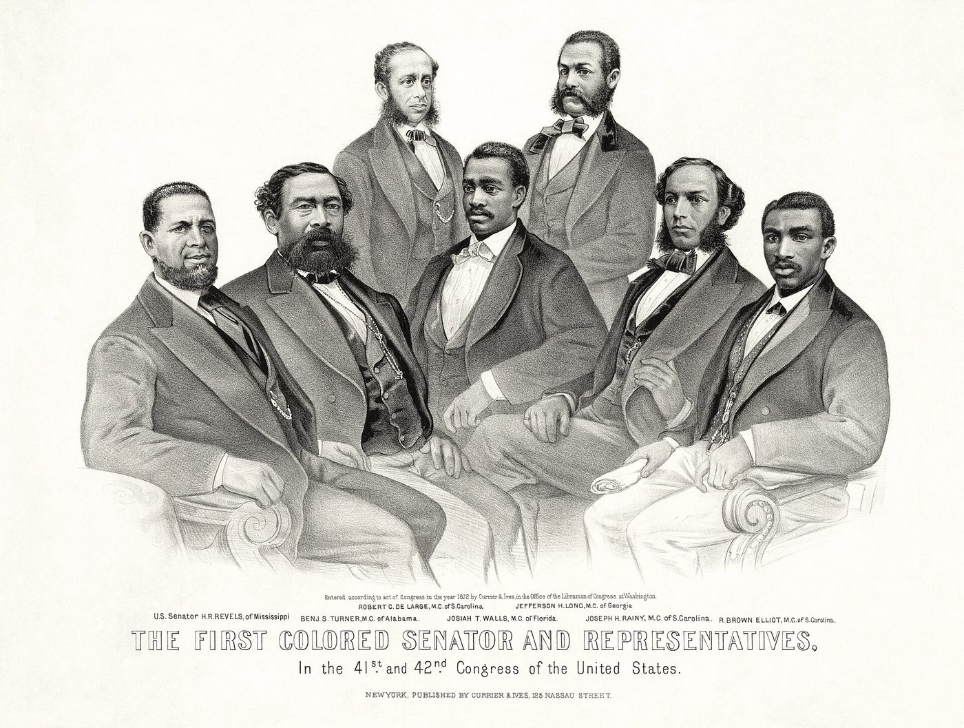 Lithograph portrait group of seven Black men in formal dress, one seated at left and six arranged around him