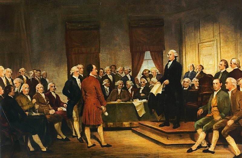 Painting of George Washington standing on a platform before seated delegates in a paneled hall