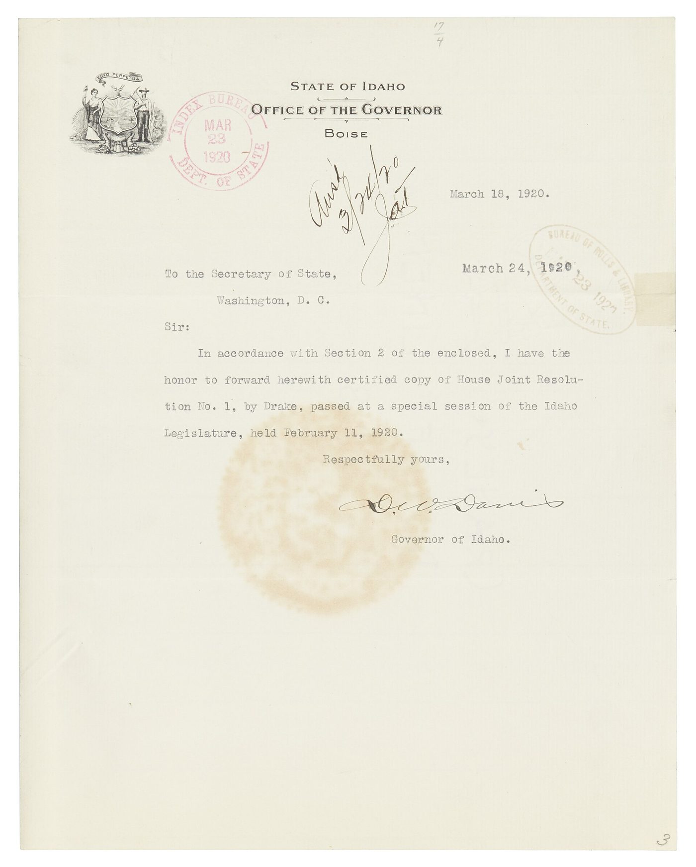 1920 letter from Idaho Governor D. W. Davis to the U.S. Secretary of State about ratifying the Nineteenth Amendment