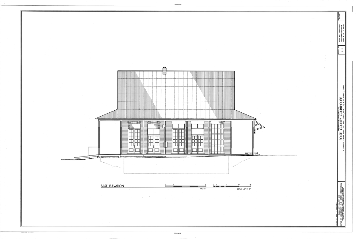 Measured drawing of the east side of a one-story brick building with tall paired doors under a wide porch roof