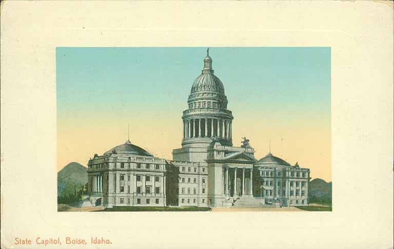 Color postcard of the domed Idaho State Capitol with its two side wings