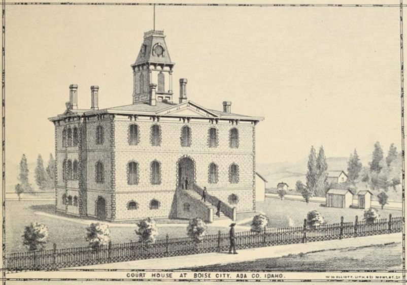 1884 lithograph of the Ada County Courthouse in Boise City, Idaho Territory