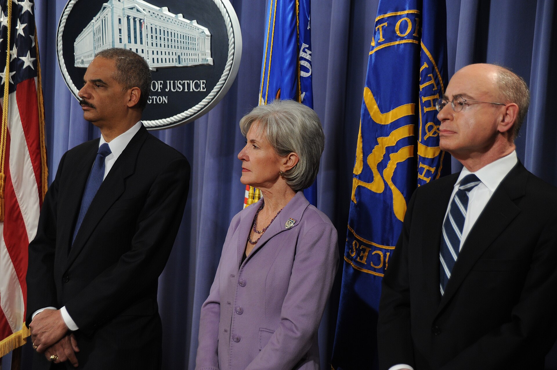 HHS Secretary Kathleen Sebelius, Attorney General Eric Holder and HHS Inspector General Daniel Levinson at a February 2011 press conference