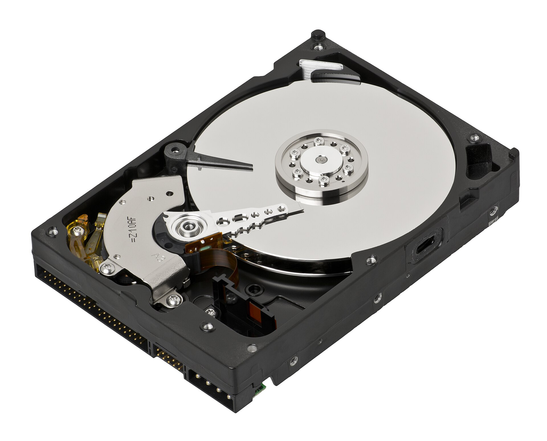 A 3.5-inch desktop computer hard disk drive photographed from the label side, showing its metal case and the connectors on one end.