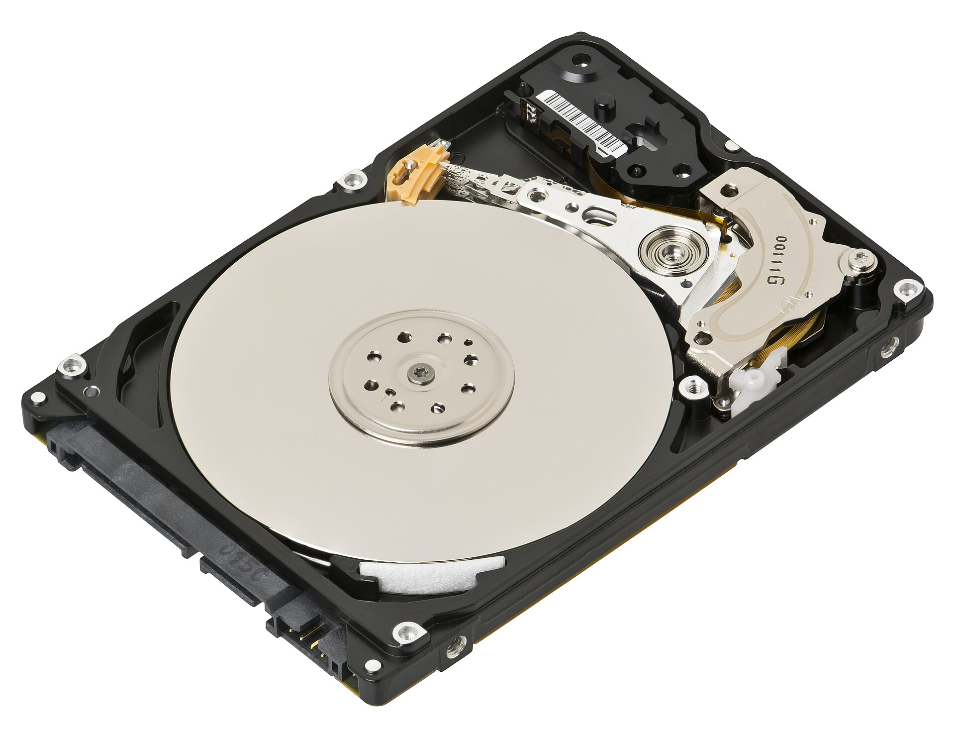 An opened 2.5-inch laptop hard drive showing its shiny circular platter and the read and write arm inside the metal case.