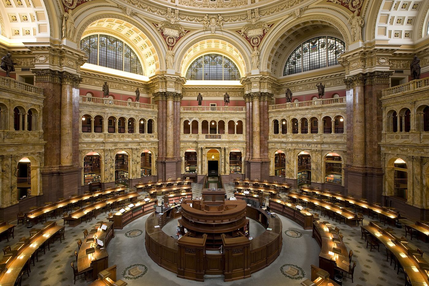 The domed Main Reading Room of the Library of Congress, with circular rows of reading desks