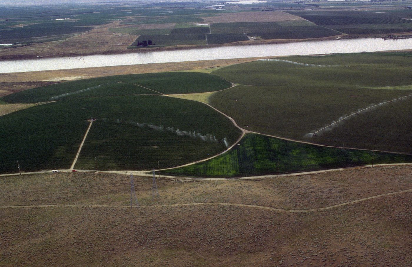 Potato fields watered by center-pivot sprinklers on Idaho farmland