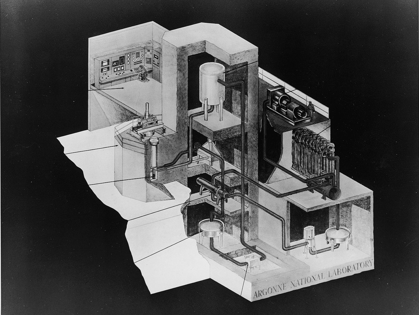 Cutaway drawing of the EBR-I power plant showing the reactor, coolant loops and generating equipment