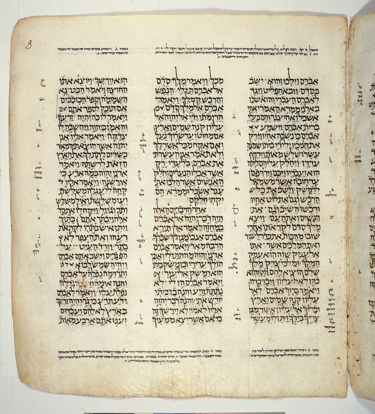 A page of the Leningrad Codex with three columns of fully pointed Hebrew text