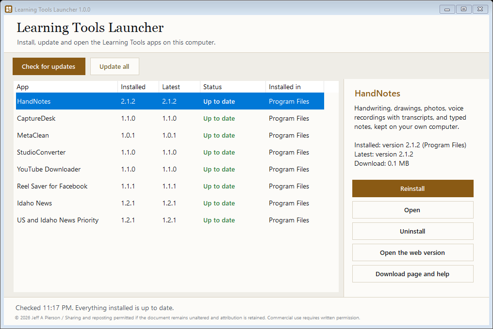 The Learning Tools Launcher window listing eight apps with installed and latest versions, status, and Reinstall, Open, Uninstall, web version and help buttons