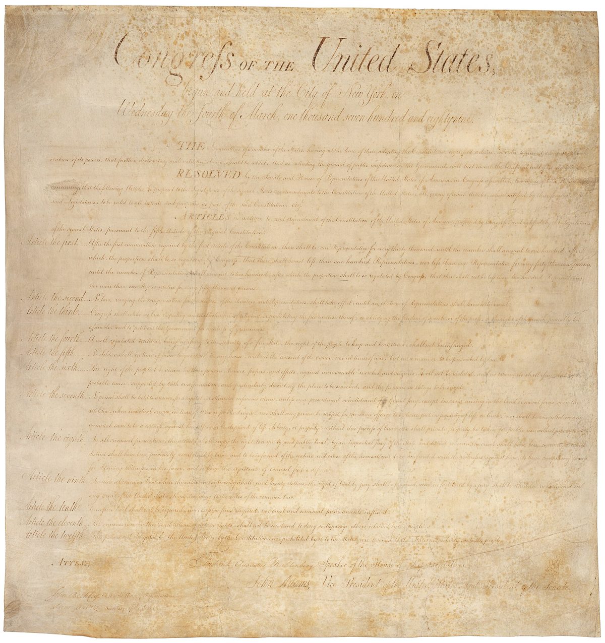 The enrolled joint resolution of Congress of 1789 proposing twelve amendments, page one, in a flowing hand on aged parchment