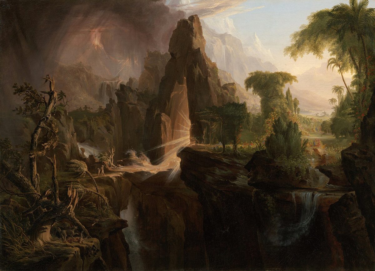 A dark storm-lit rock gateway on the left with a bright green valley beyond; two tiny figures, Adam and Eve, leave the Garden under a fiery arch