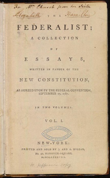 Title page of the first edition of The Federalist, volume 1, 1788