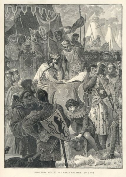 Line engraving of King John seated at a table, signing a large document while armored barons stand around him