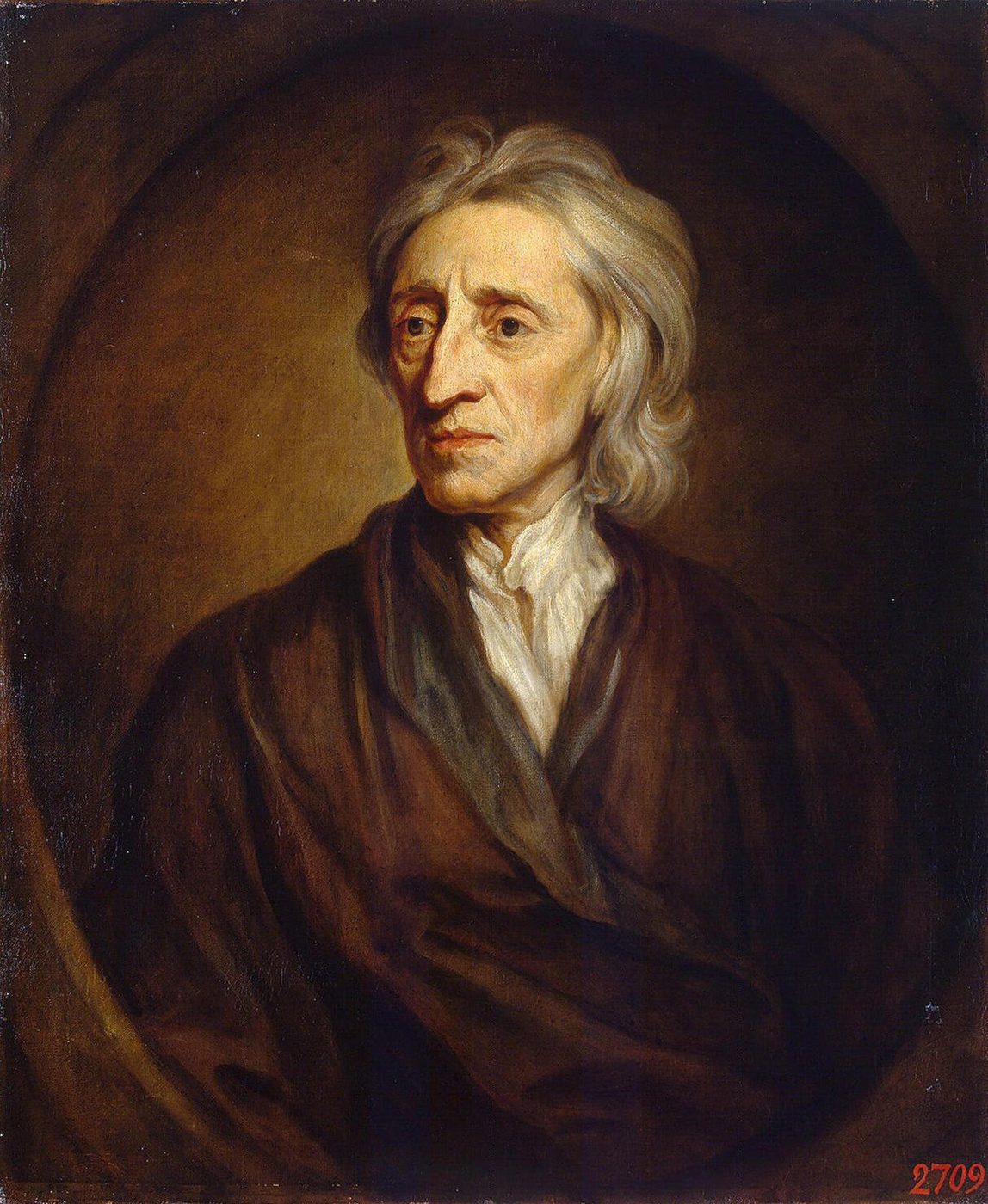 Portrait of John Locke in dark clothing and a long wig, seen from the waist up
