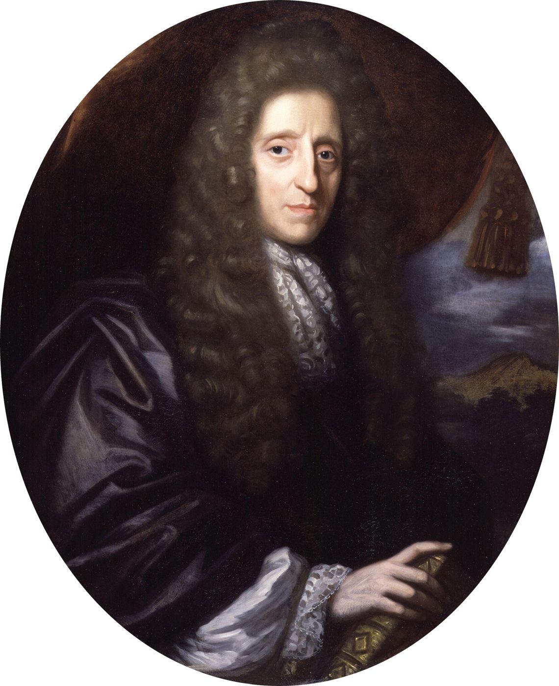 Portrait of John Locke seated, in a dark coat and white cravat, looking out at the viewer