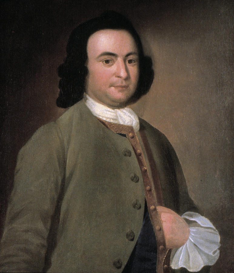 Oil portrait of George Mason in a green coat with dark hair tied back