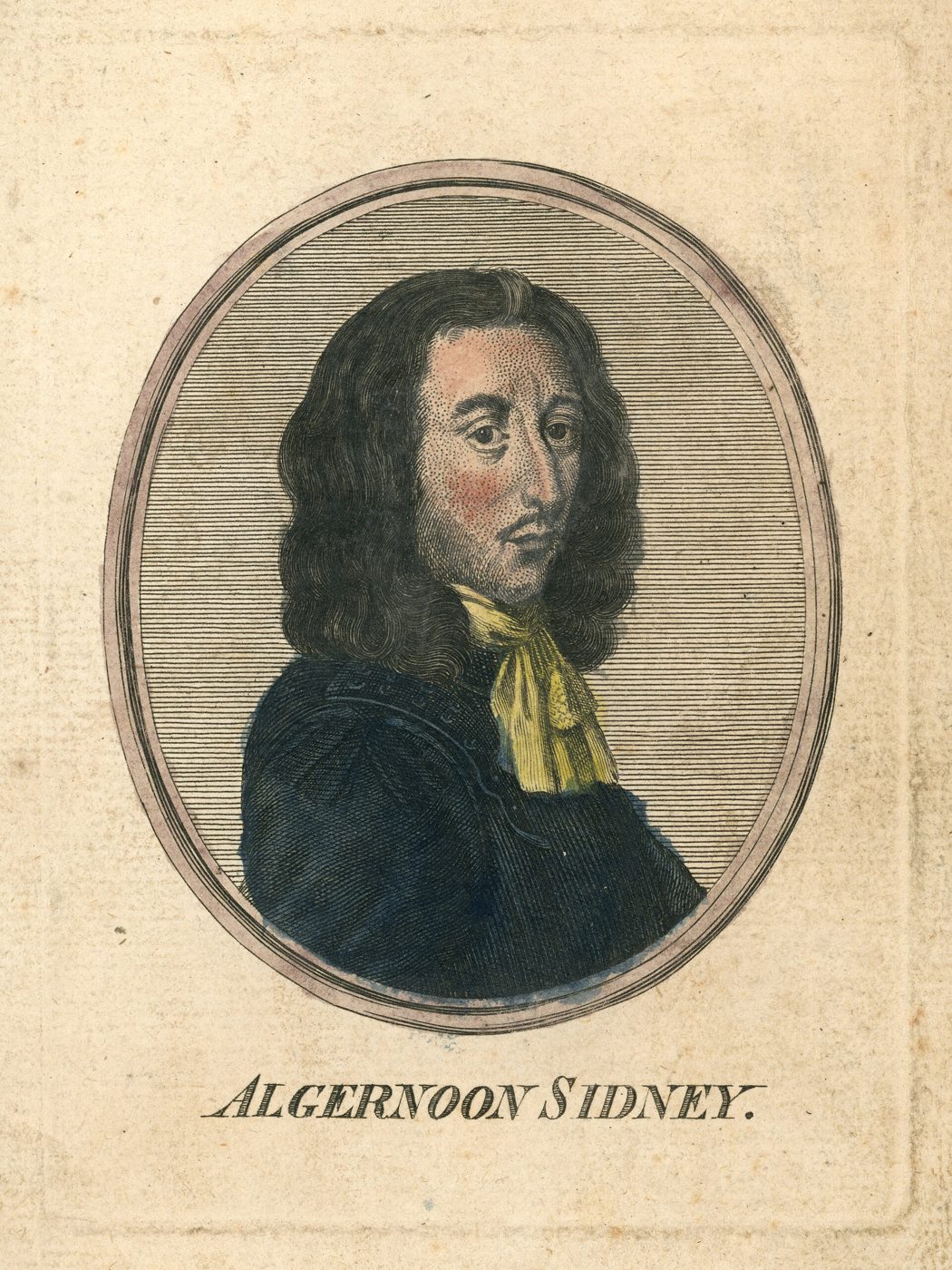 Seventeenth-century portrait of Algernon Sidney in dark clothing with long hair