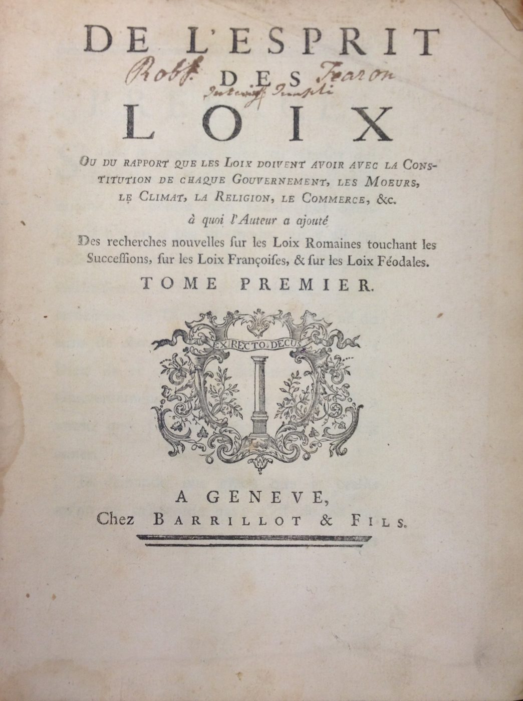 Title page of the first edition of De l'esprit des loix, 1748