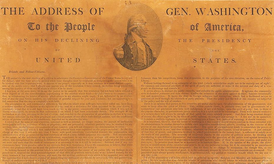 A printed broadside of Washington's Address to the People of America, with a small oval portrait of Washington at the head and two columns of dense type below