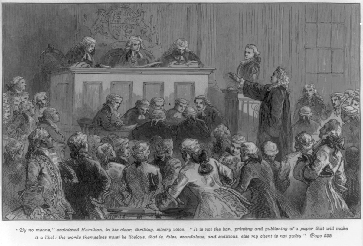 Wood engraving of Andrew Hamilton addressing the jury in a crowded New York hall, gesturing as Zenger sits to one side